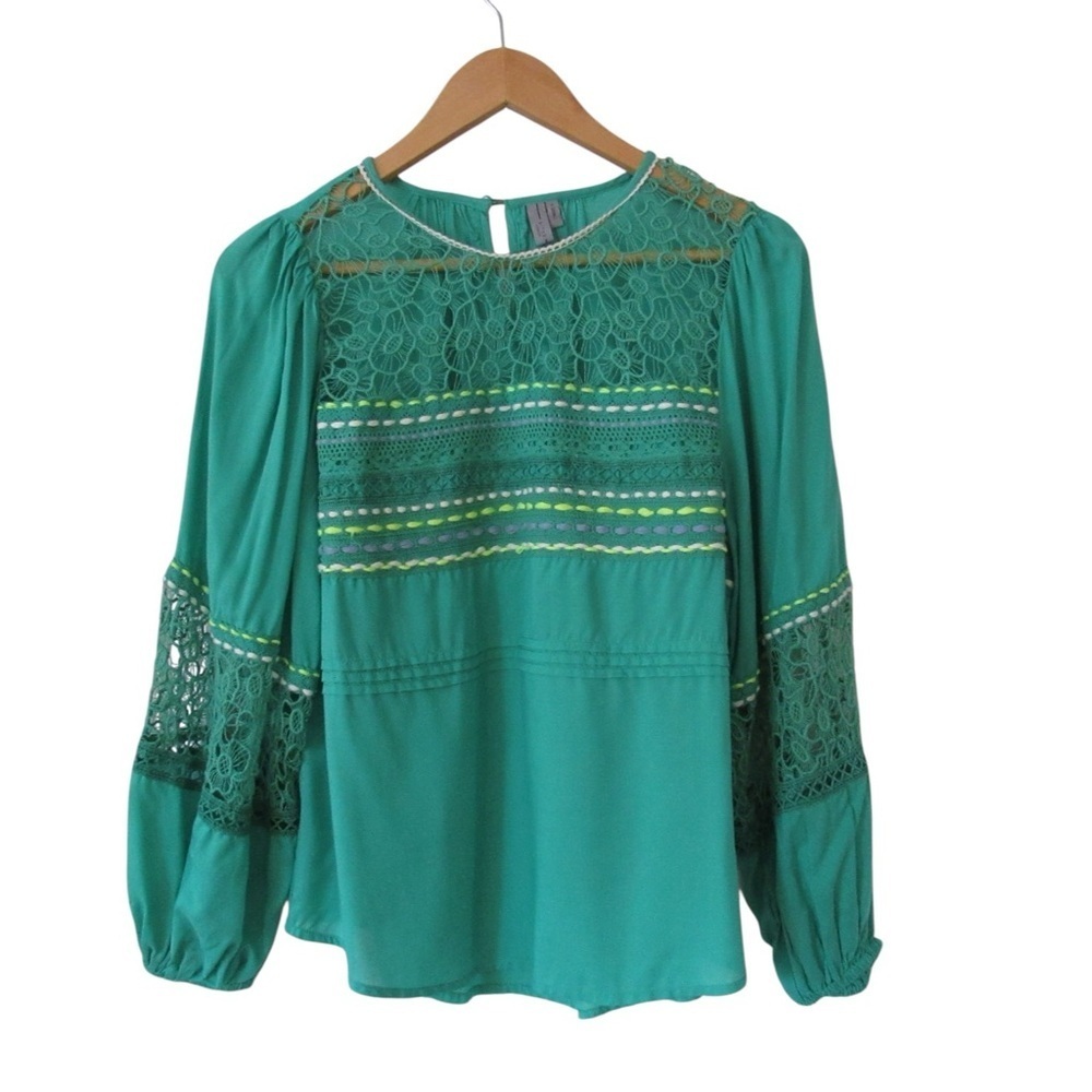 Blank London Sunshine Peasant Top XS Green Embroidered Boho Long Puff Sleeves